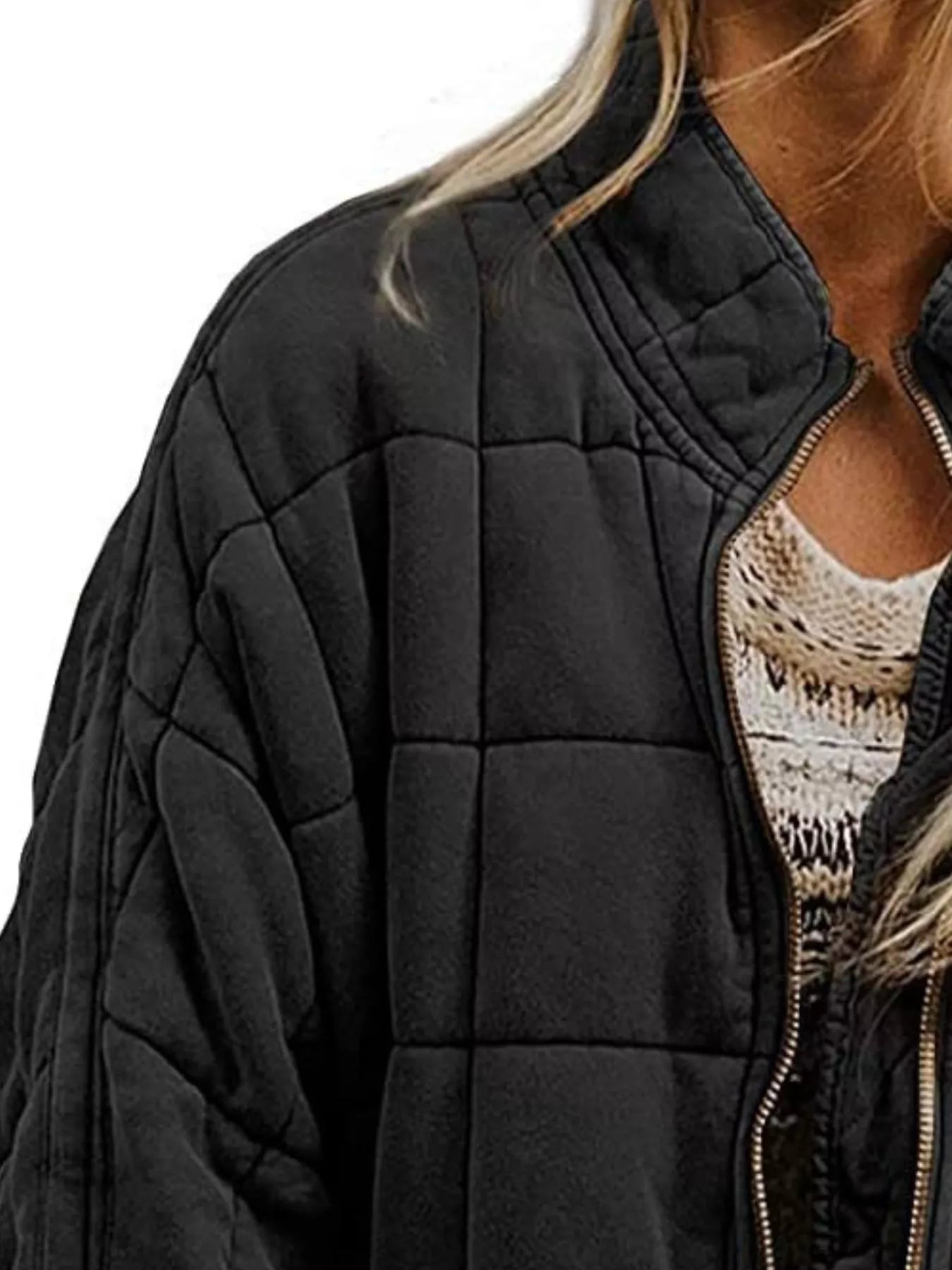Full Size Zip Up Quilted Bomber Jacket Plus Size 