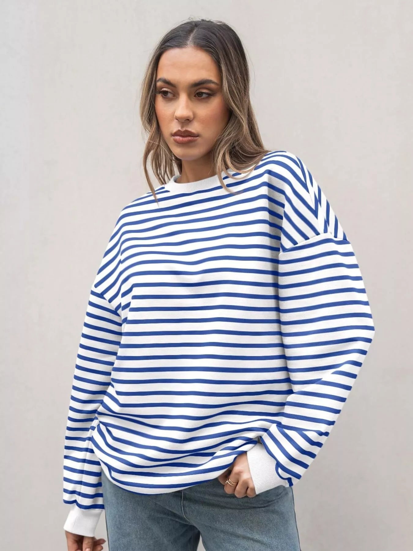 Striped Round Neck Oversized Casual Sweatshirt 