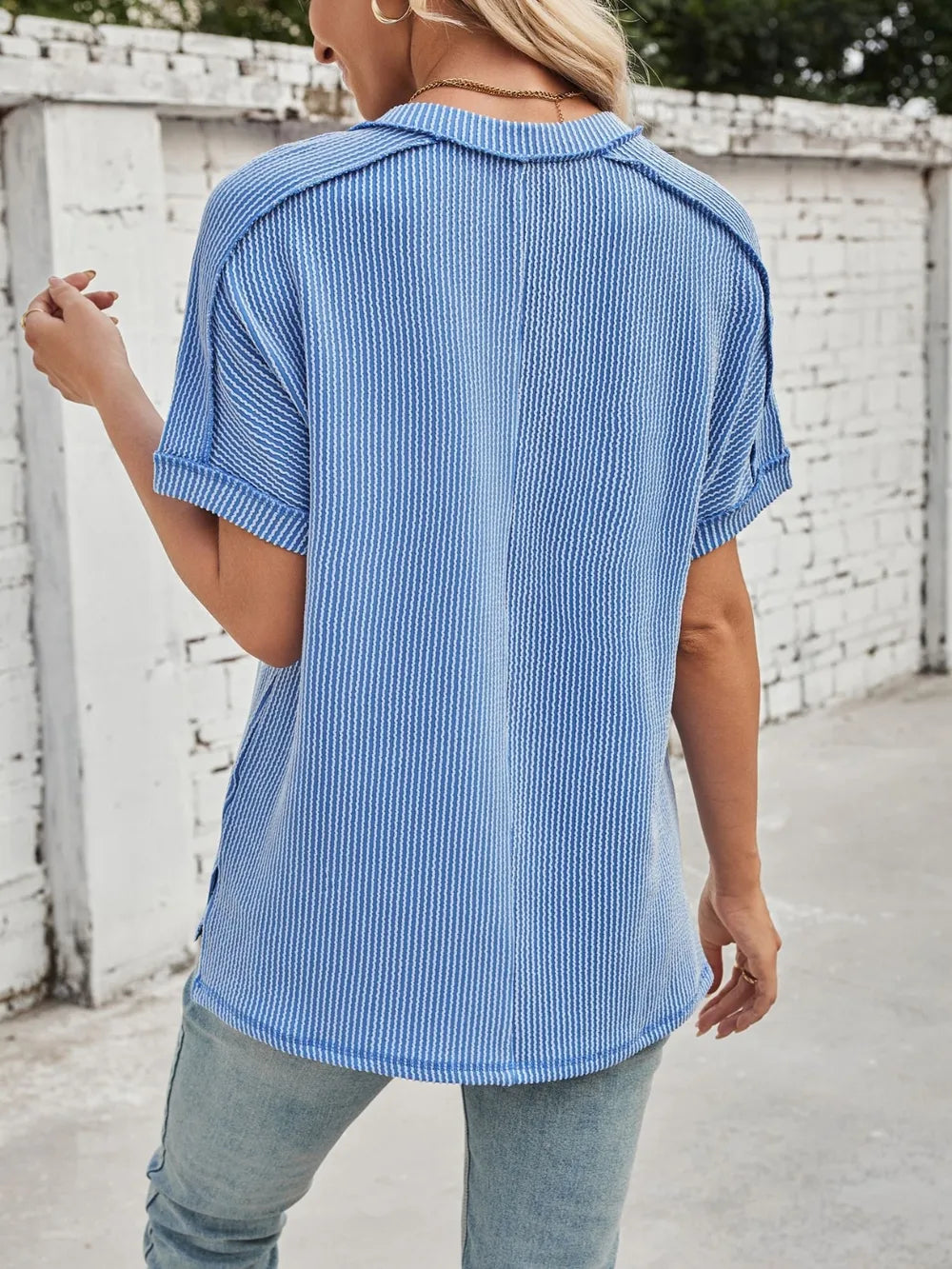 Cord Ribbed V-Neck Short Sleeve T-Shirt 