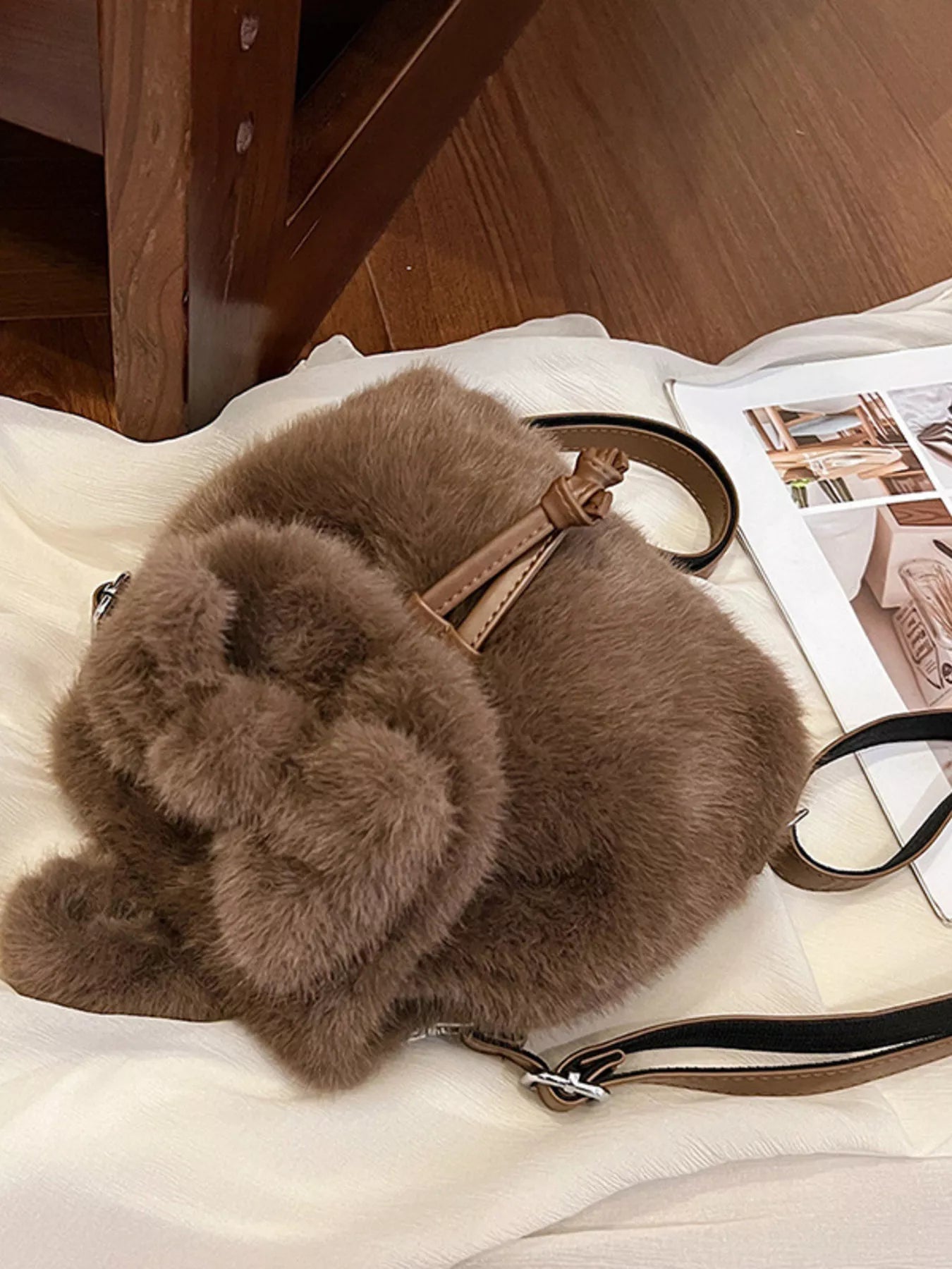 Fuzzy Plush Drawstring Backpack Bag 
