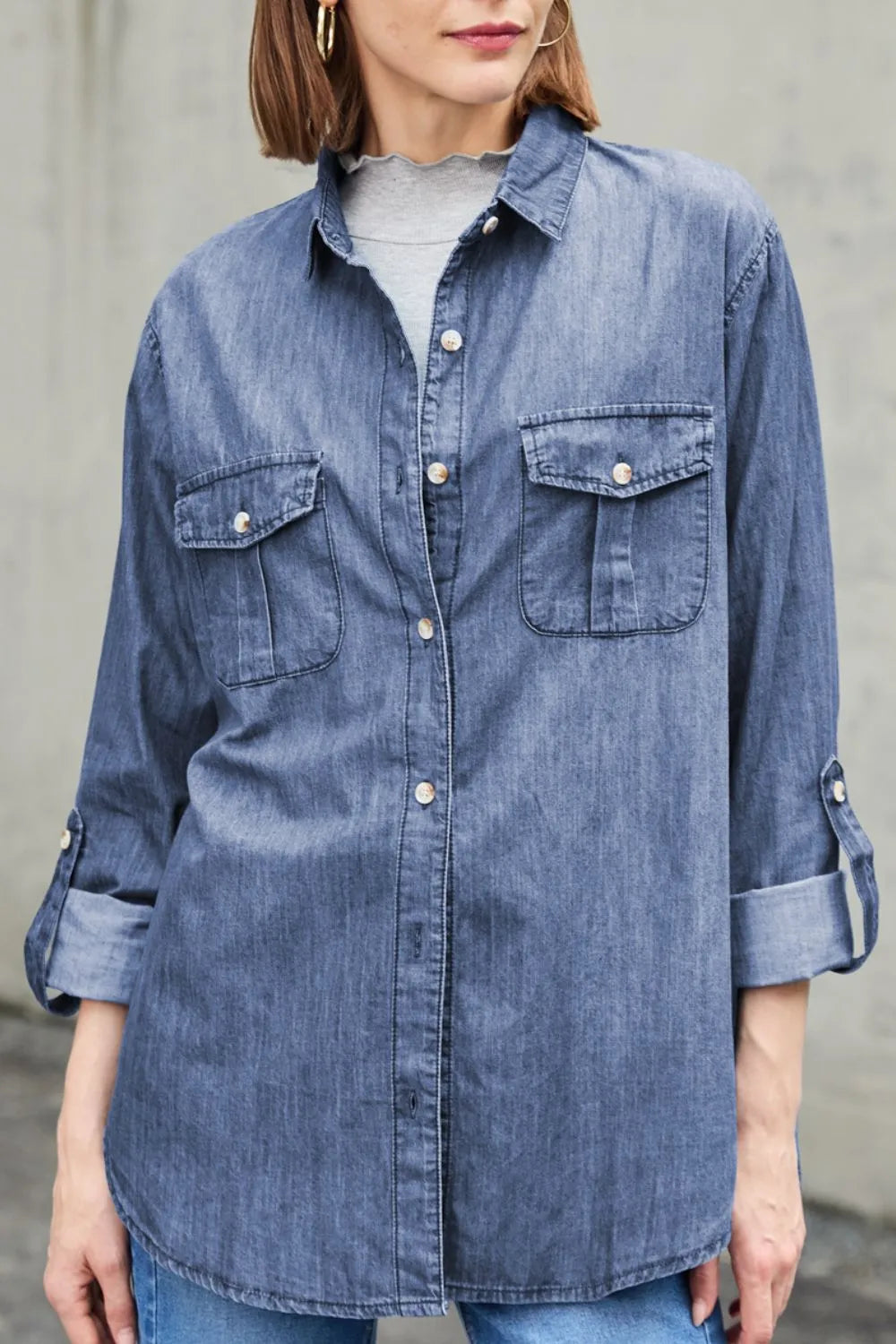 Pocketed Collared Neck Long Sleeve Denim Top 