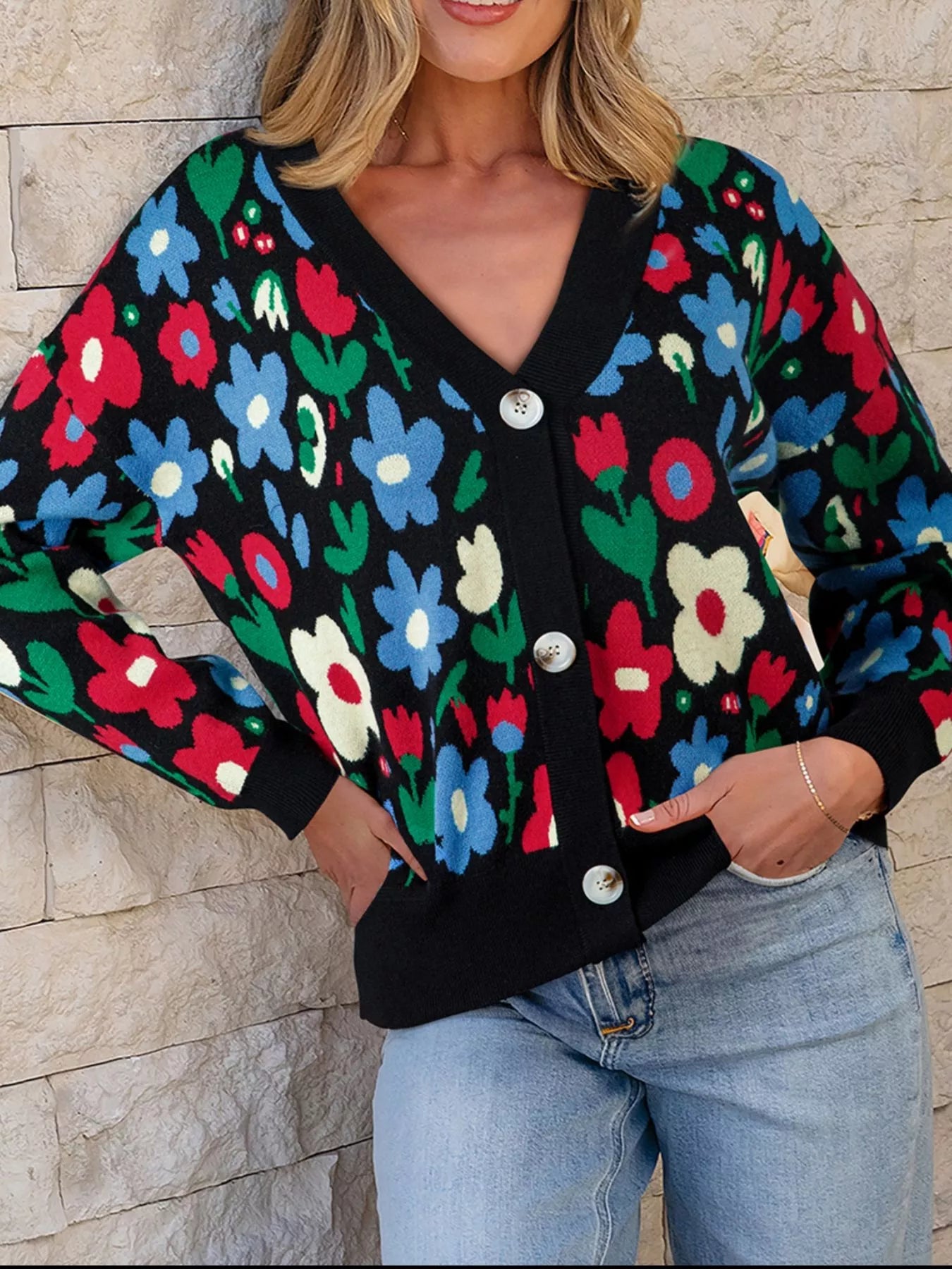 Floral Print V Neck Buttoned Cardigan 