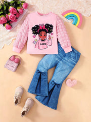 Children's Graphic Long Sleeve Top & Flare Jeans Set 