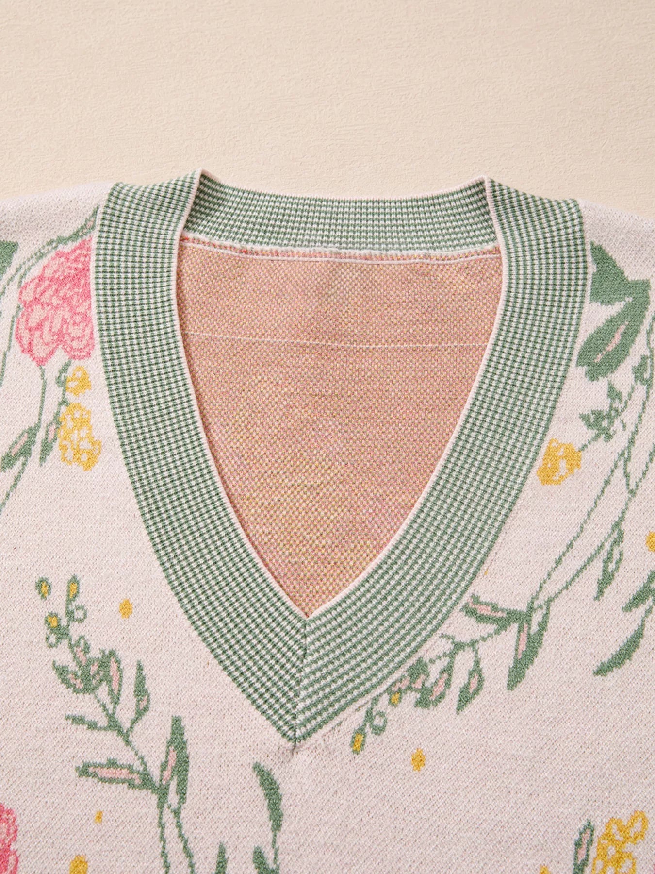 Floral Pattern Striped V Neck Loose Sweater 