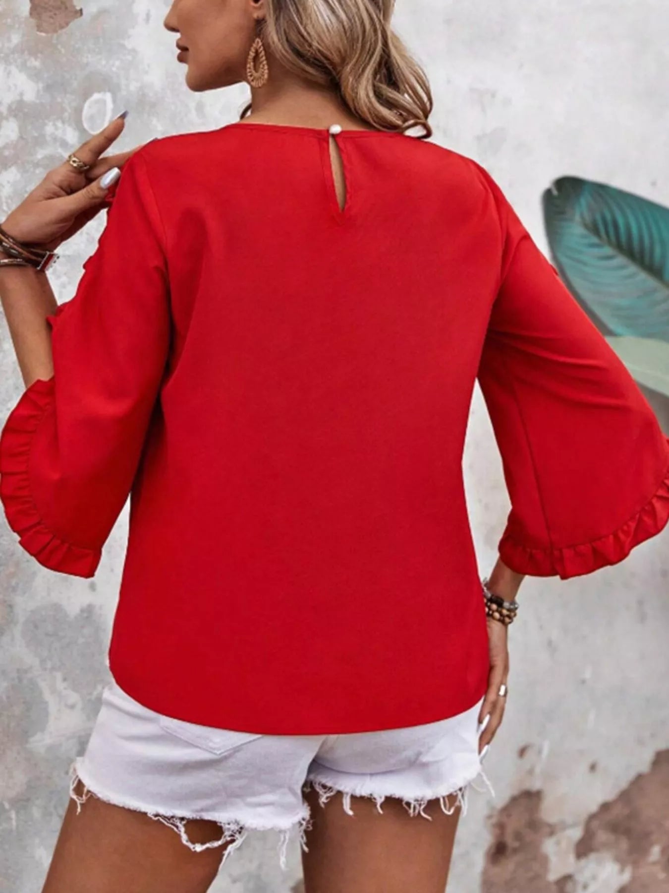 Ruffle Sleeve Solid Color Blouse 