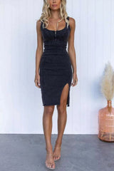 Side Slit Washed Scoop Neck Denim Dress 