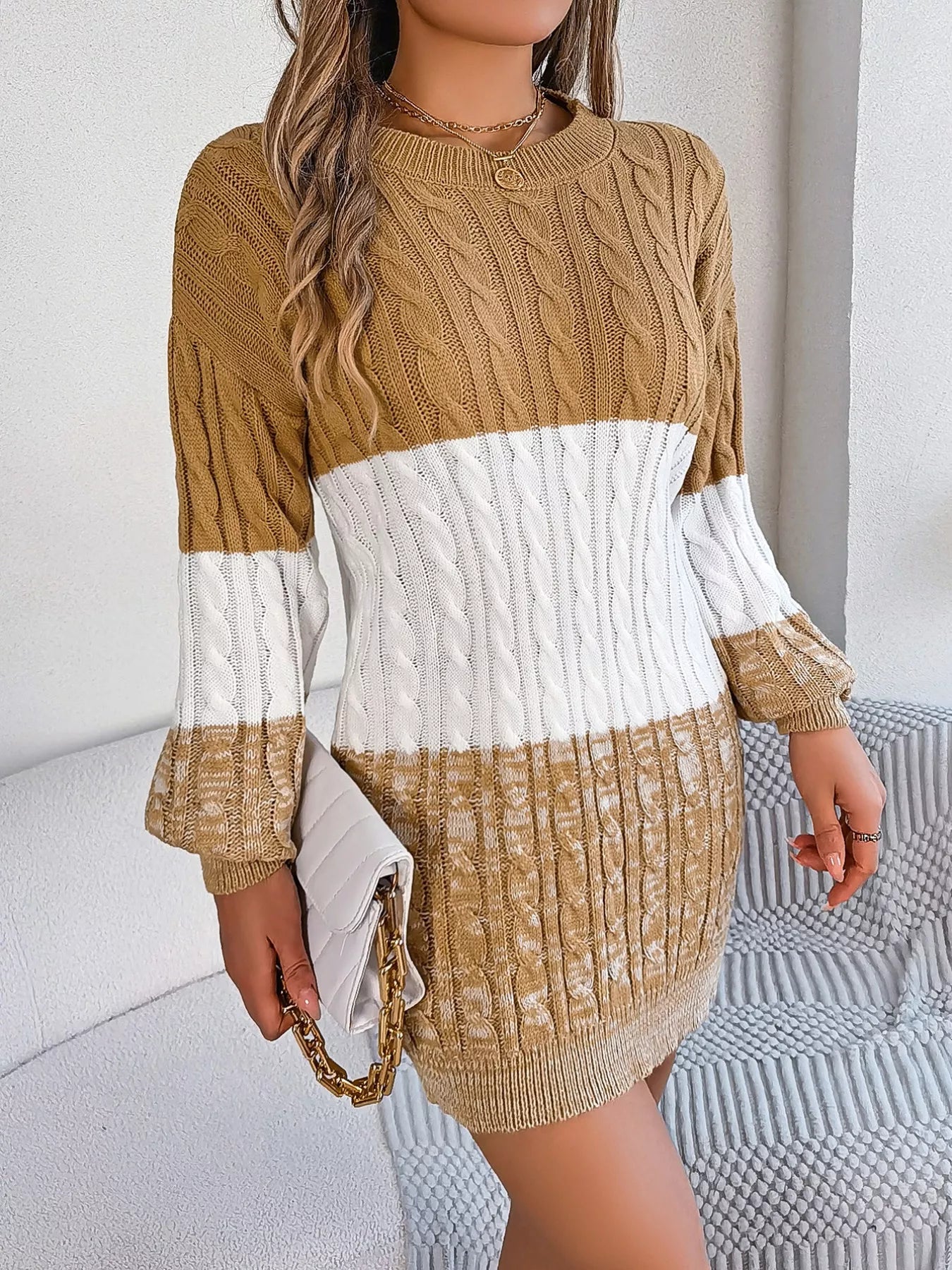 Color Block Cable Knit Sweater Dress with Textured Pattern 
