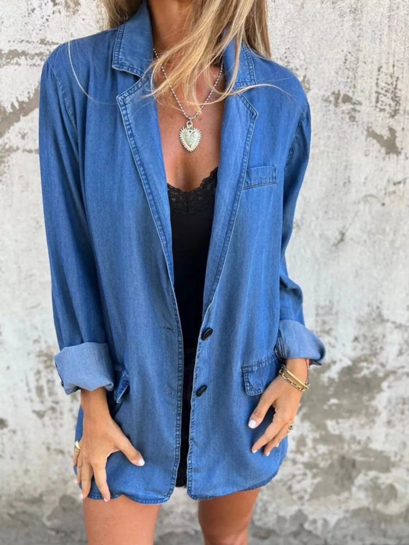 Full Size Button Down Denim Blazer Plus Size 