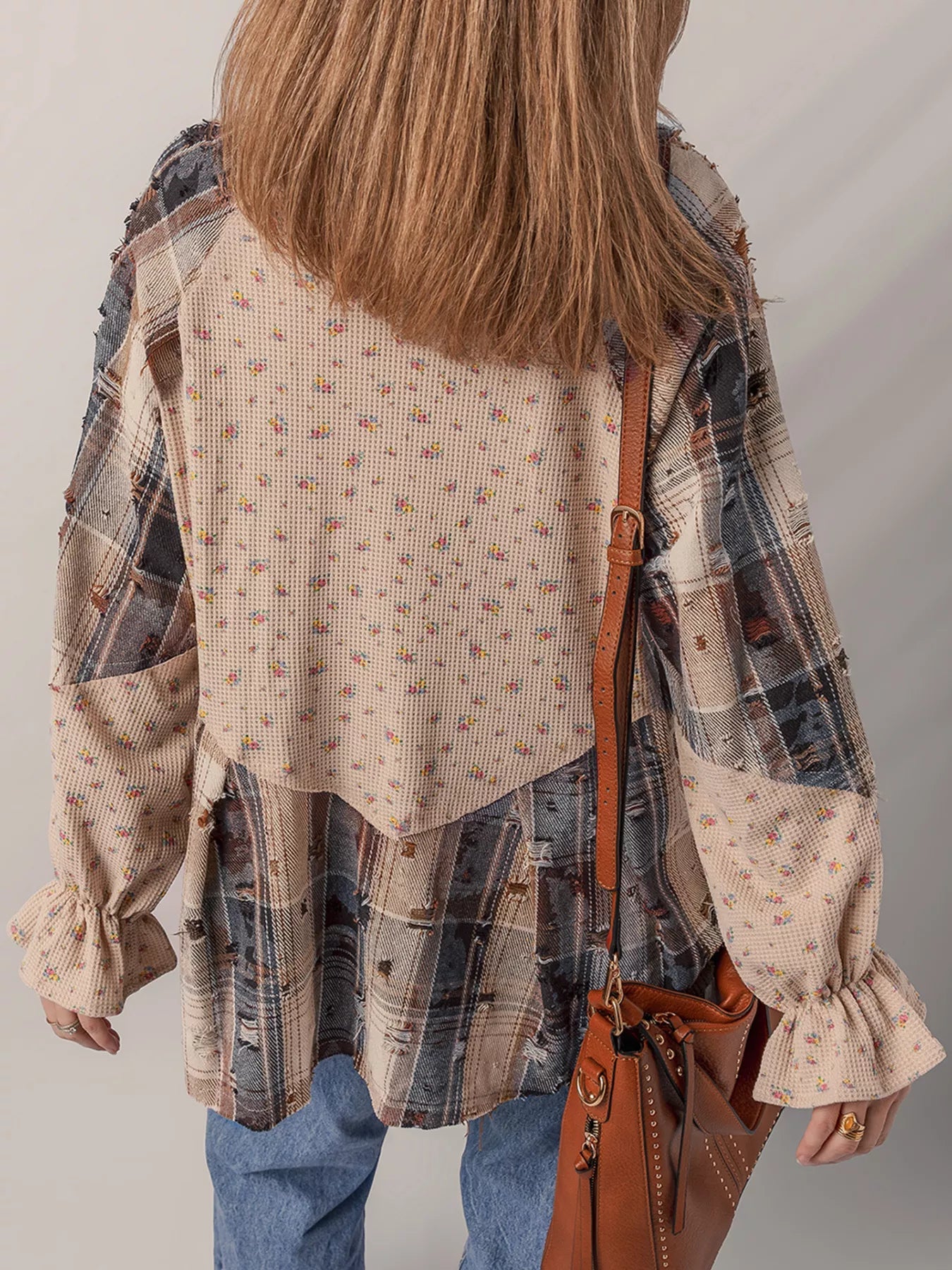 Boho Floral Plaid Patchwork Distressed Detail Ruffled Sleeve Waffle Knit Shacket 