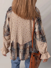 Boho Floral Plaid Patchwork Distressed Detail Ruffled Sleeve Waffle Knit Shacket 