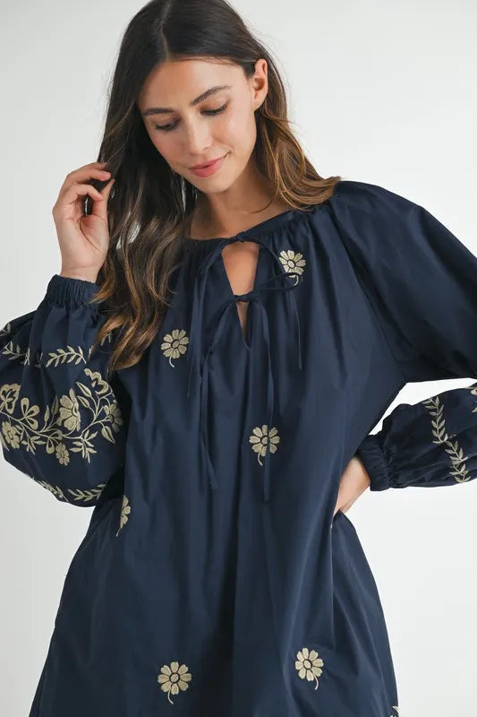 MABLE Embroidered Long Sleeve Peasant Mini Dress 