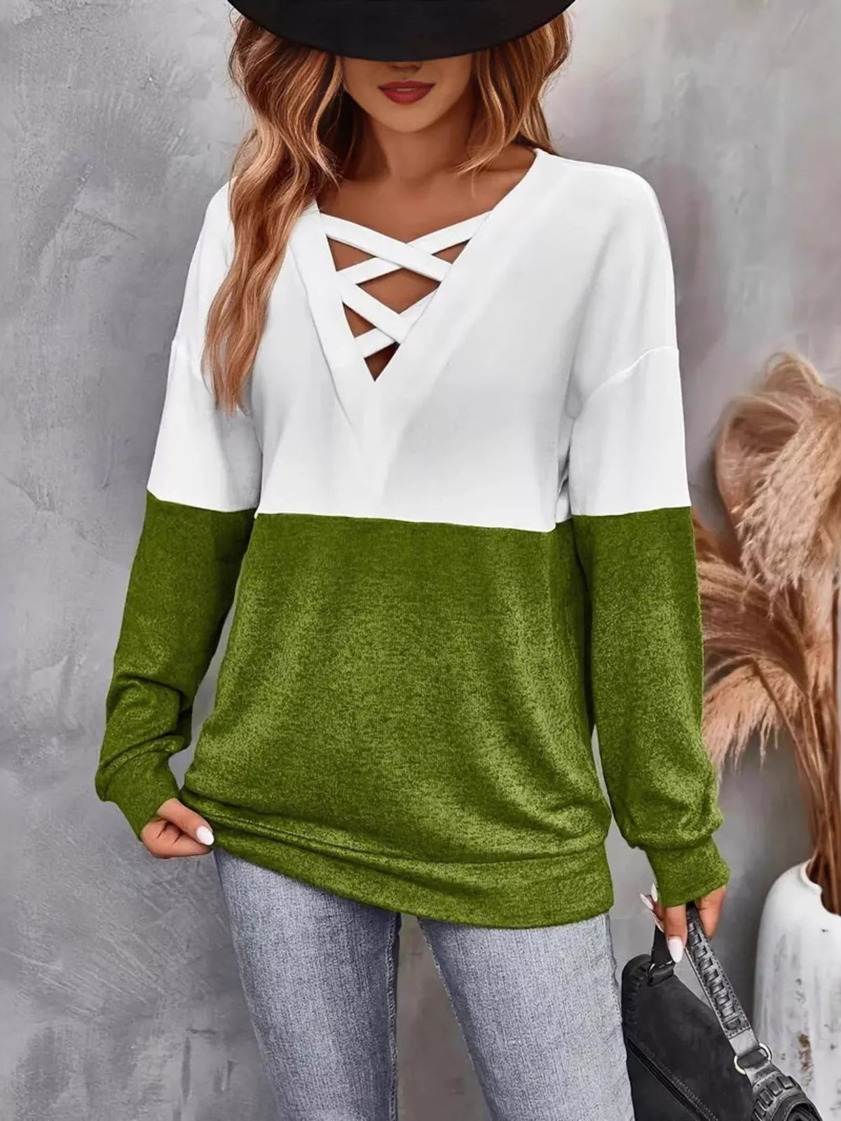 Crisscross V-Neck Color Block Long Sleeve T-Shirt 