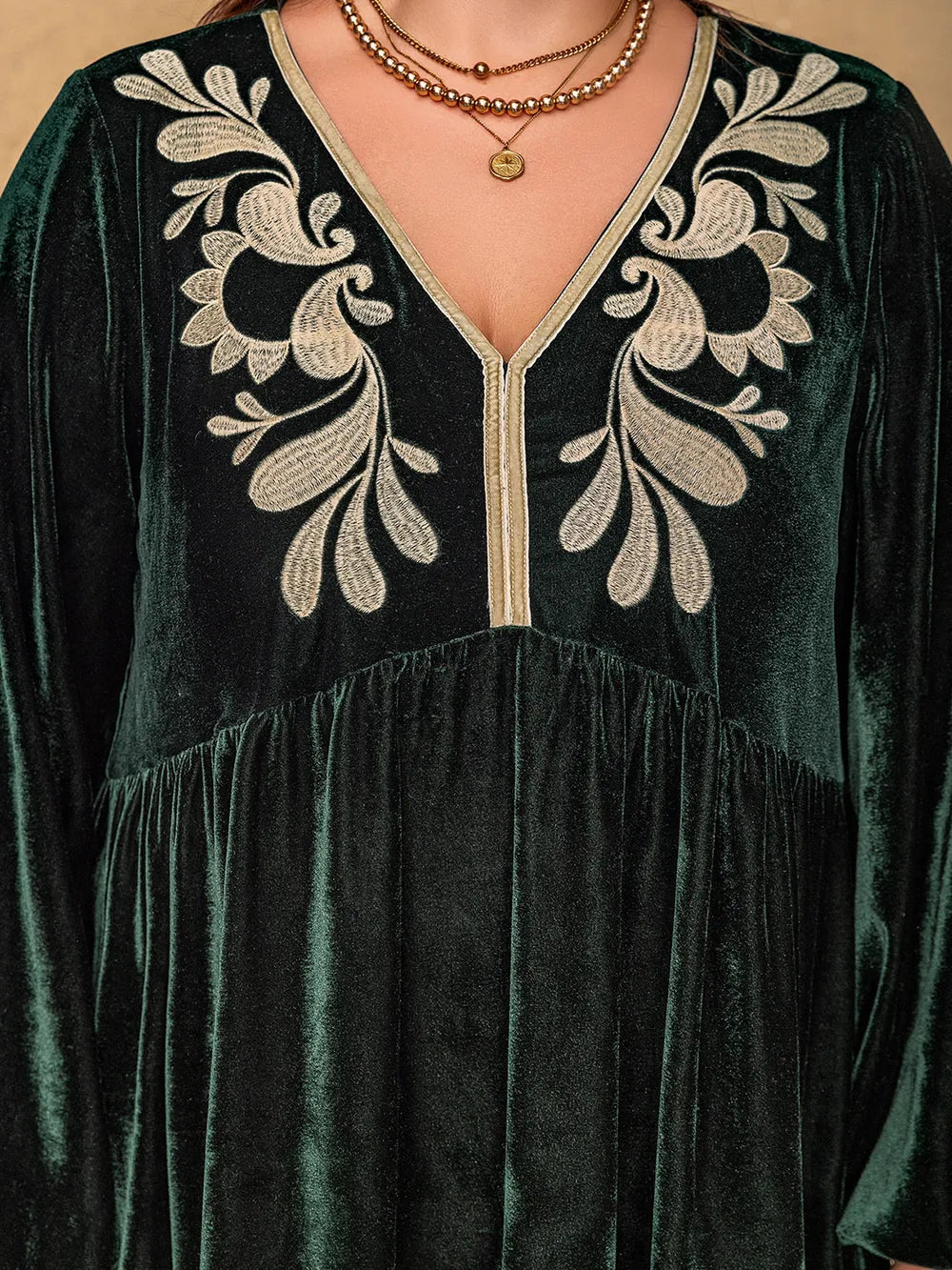 Plus Size Embroidered V-Neck Long Sleeve Dress 