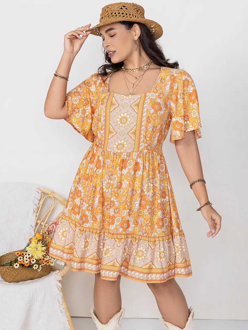 Plus Size Printed Square Neck Short Sleeve Dress 