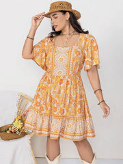 Plus Size Printed Square Neck Short Sleeve Dress 