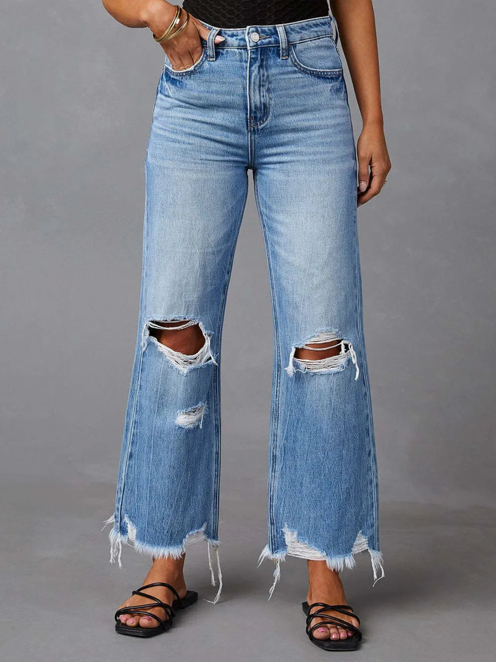 Distressed Raw Hem Jeans with Pockets 