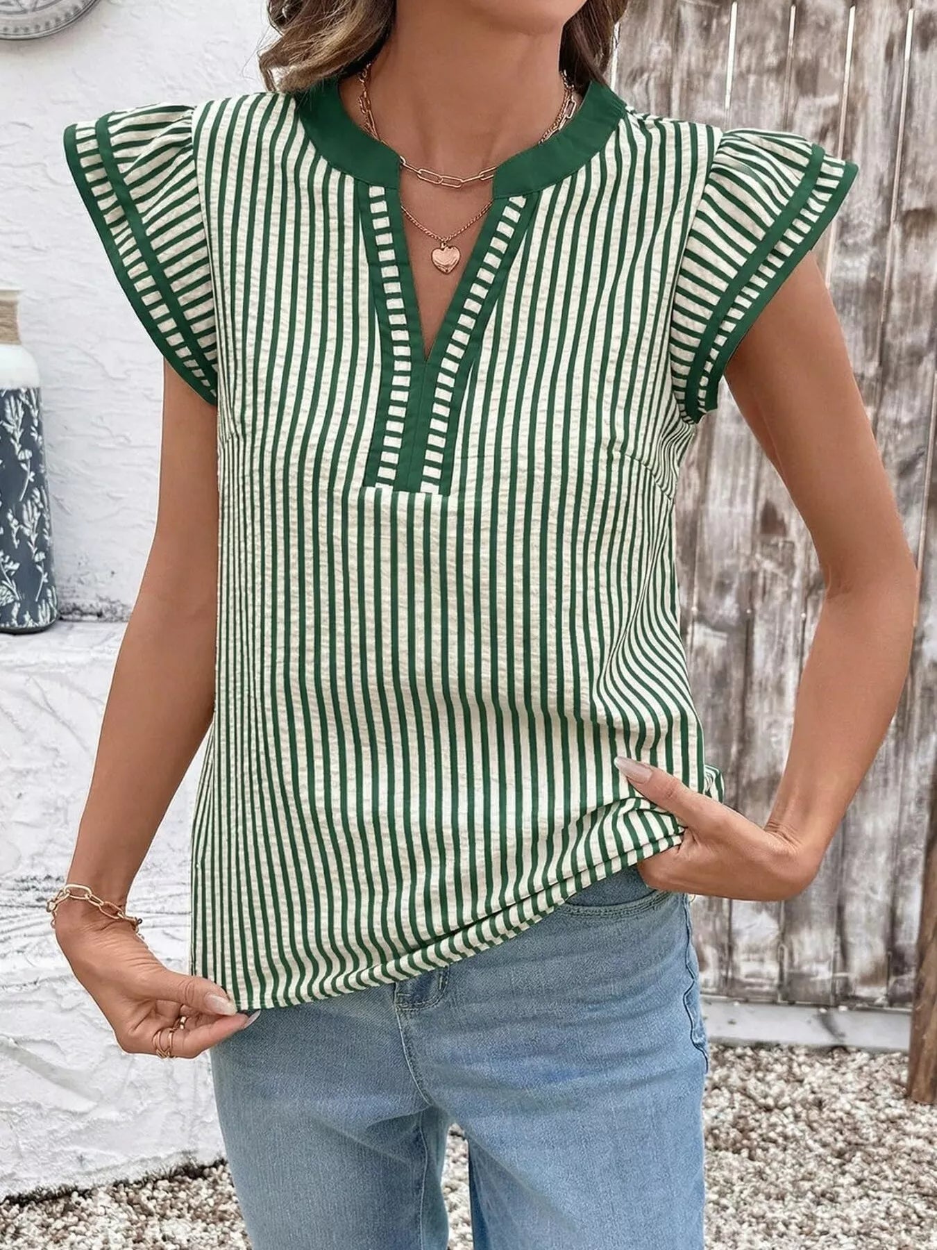 Striped Ruffle Sleeve Blouse 