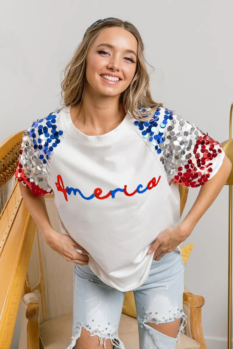 BiBi America Letter Applique Spangle Puff Sleeves Top 