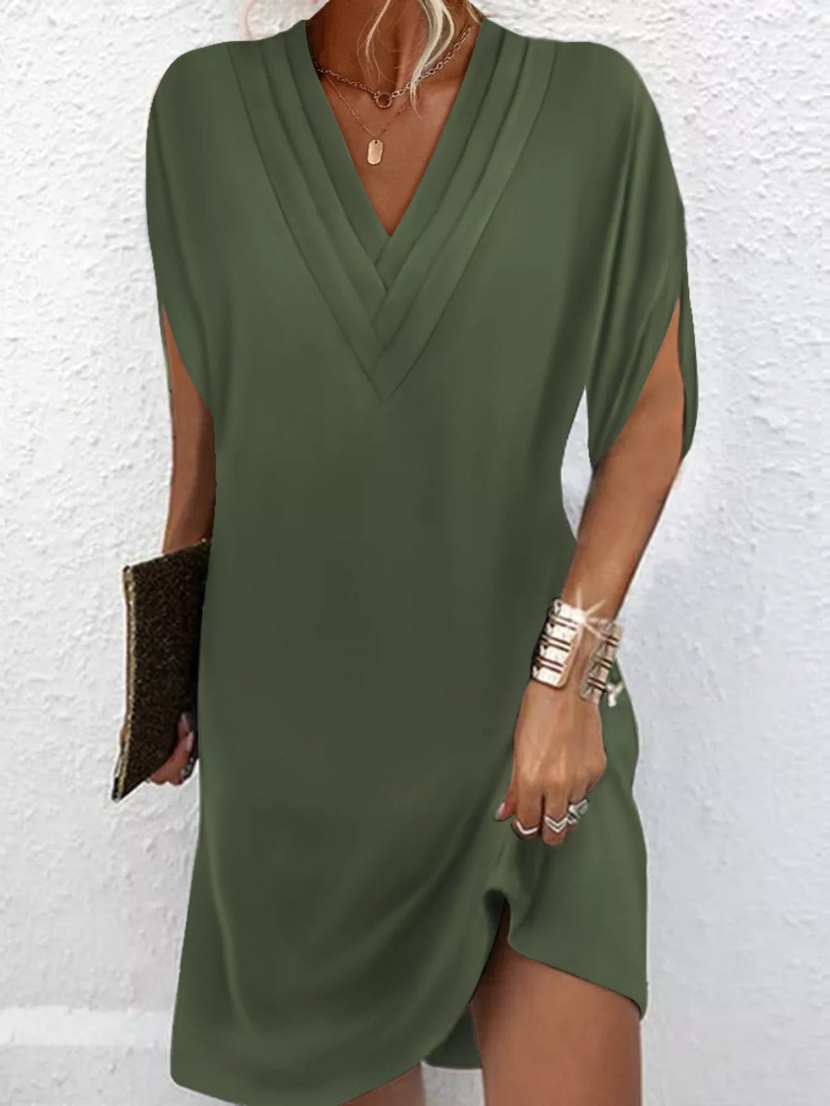Full Size V-Neck Slit Sleeve Mini Dress Plus Size 