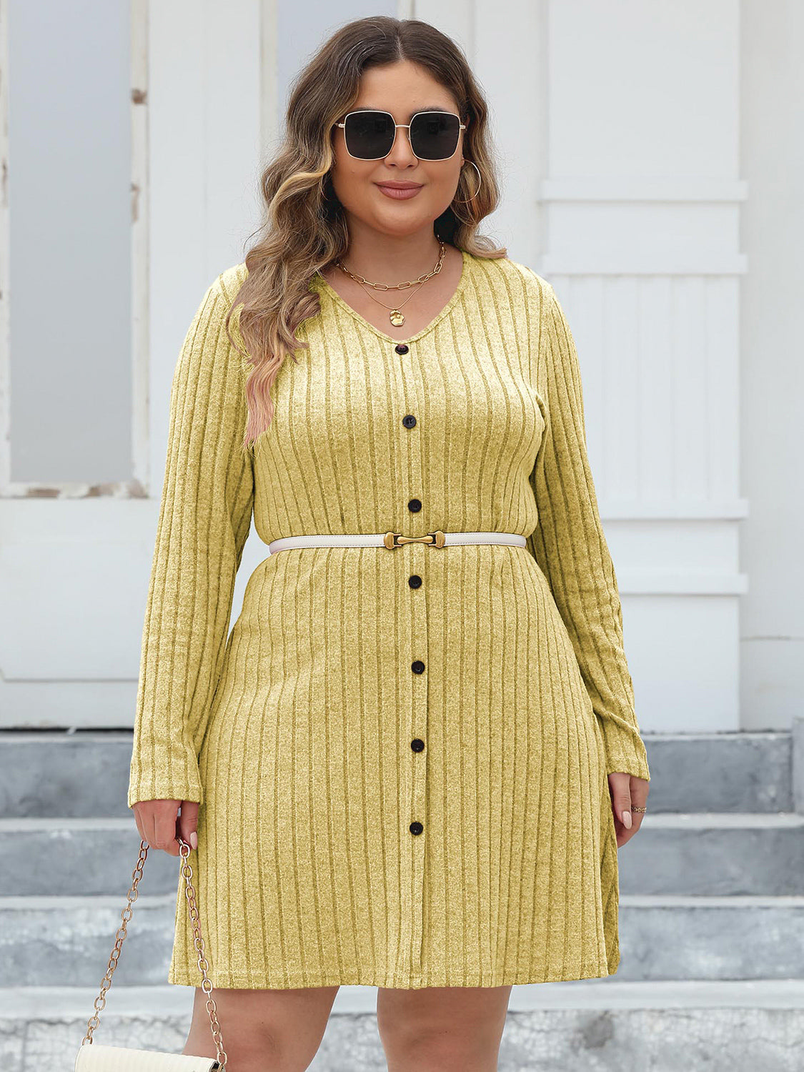 Plus Size Ribbed Buttoned V-Neck Long Sleeve Dress 