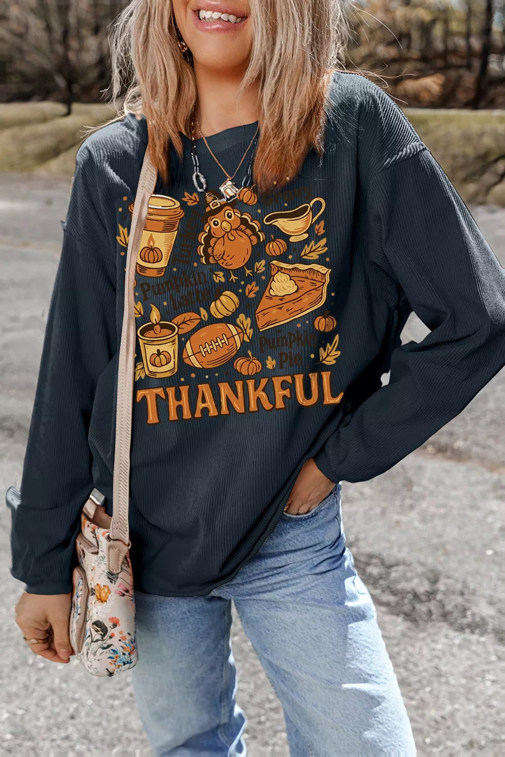 Thankful Thanksgiving Graphic Long Sleeve Sweatshirt 