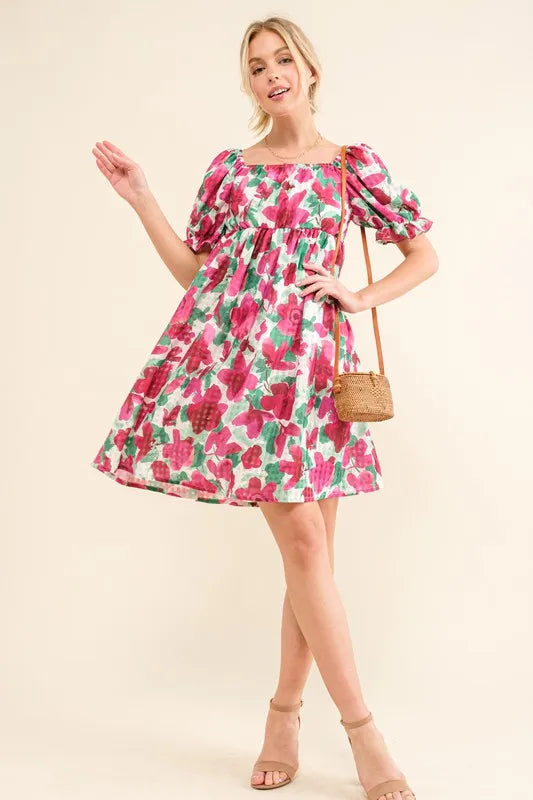And The Why Smocked Floral Ruffle Short Sleeve Mini Dress 