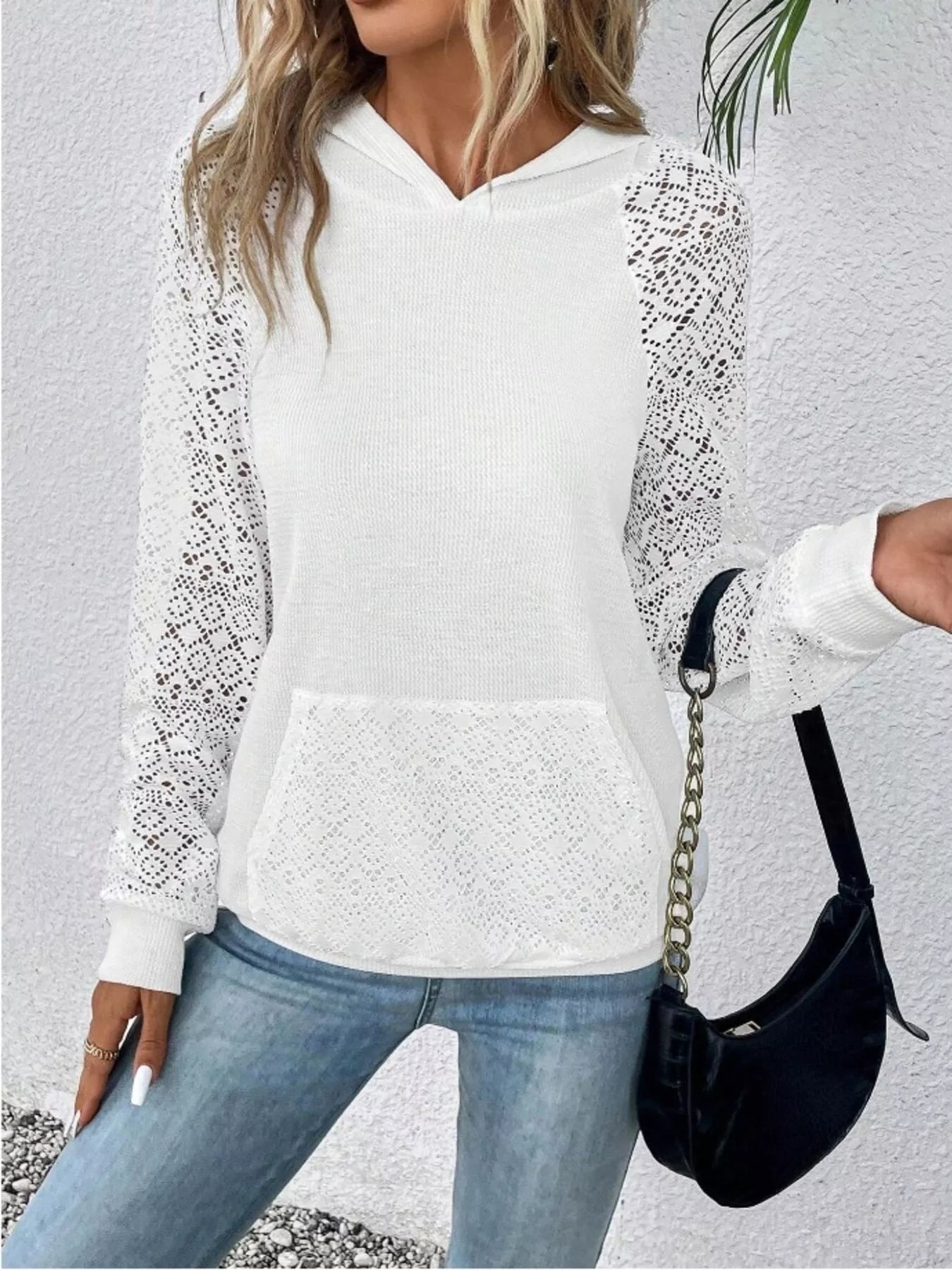 Lace Sleeve Kangaroo Pocket Hoodie 