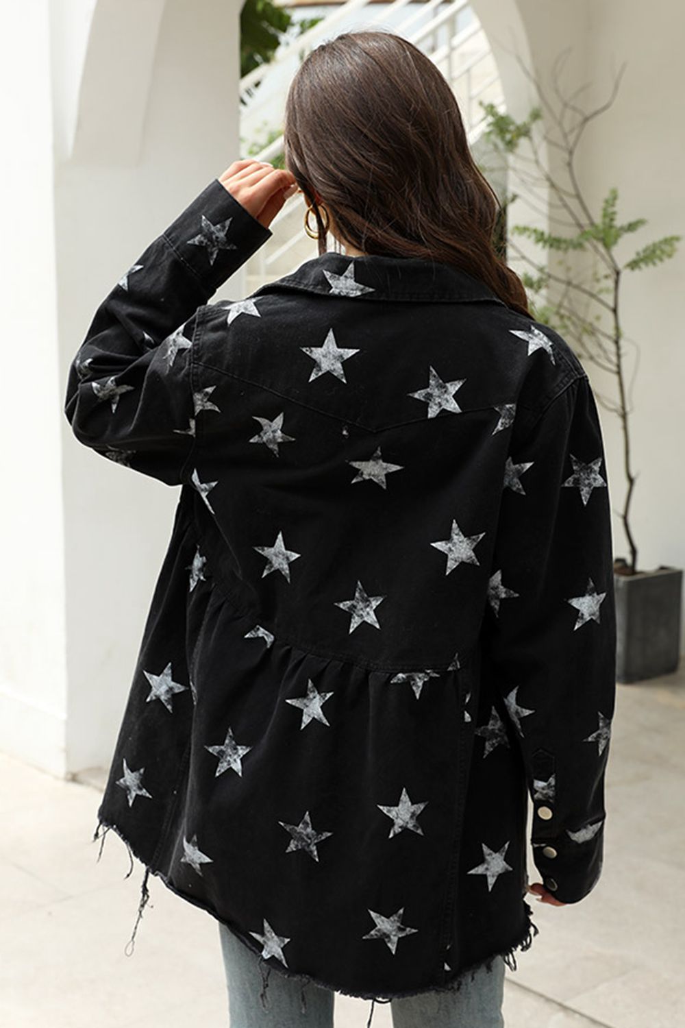Collared Neck Star Print Long Sleeve Denim Jacket 