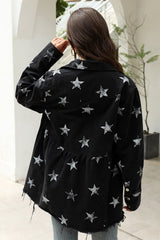Collared Neck Star Print Long Sleeve Denim Jacket 