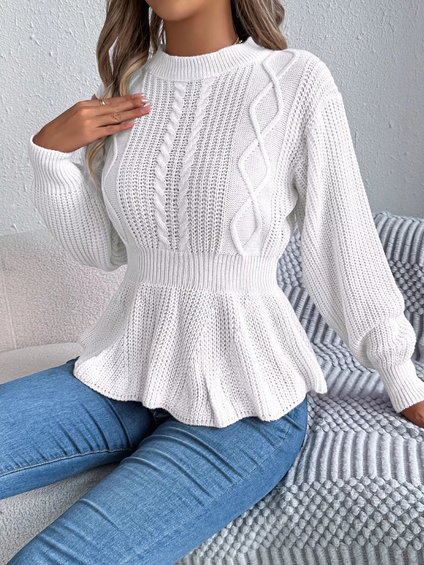 Cable Knit Round Neck Peplum Sweater 