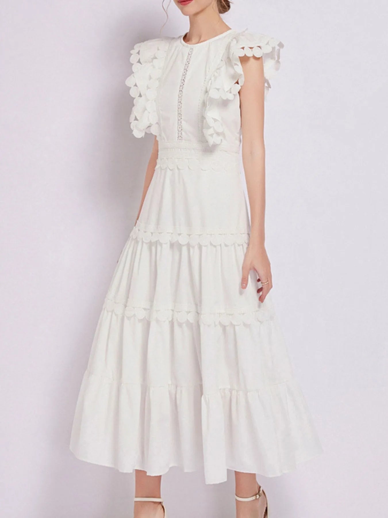 Sleeveless Ruffled Tiered Dress with Embroidered Trim 