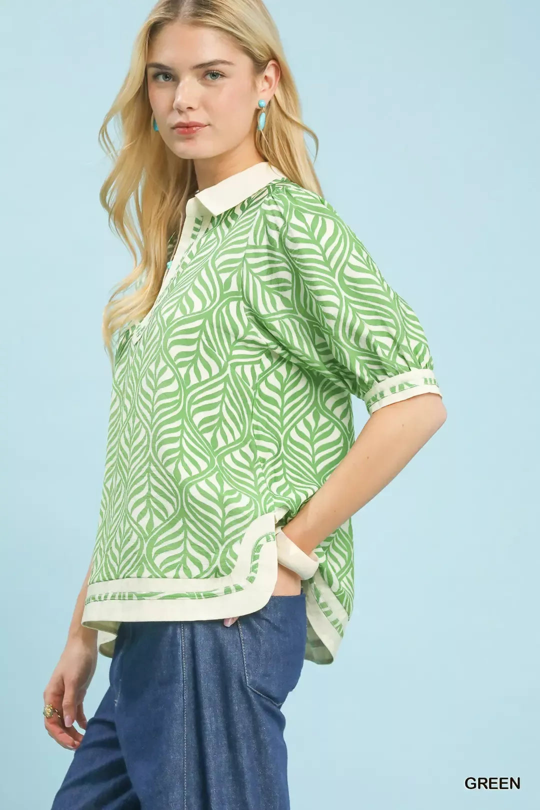 Umgee Geometric Leaf Print Popover Top 