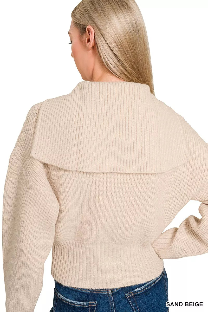 Zenana Ribbed Collared Zip Up Sweater Cardigan 