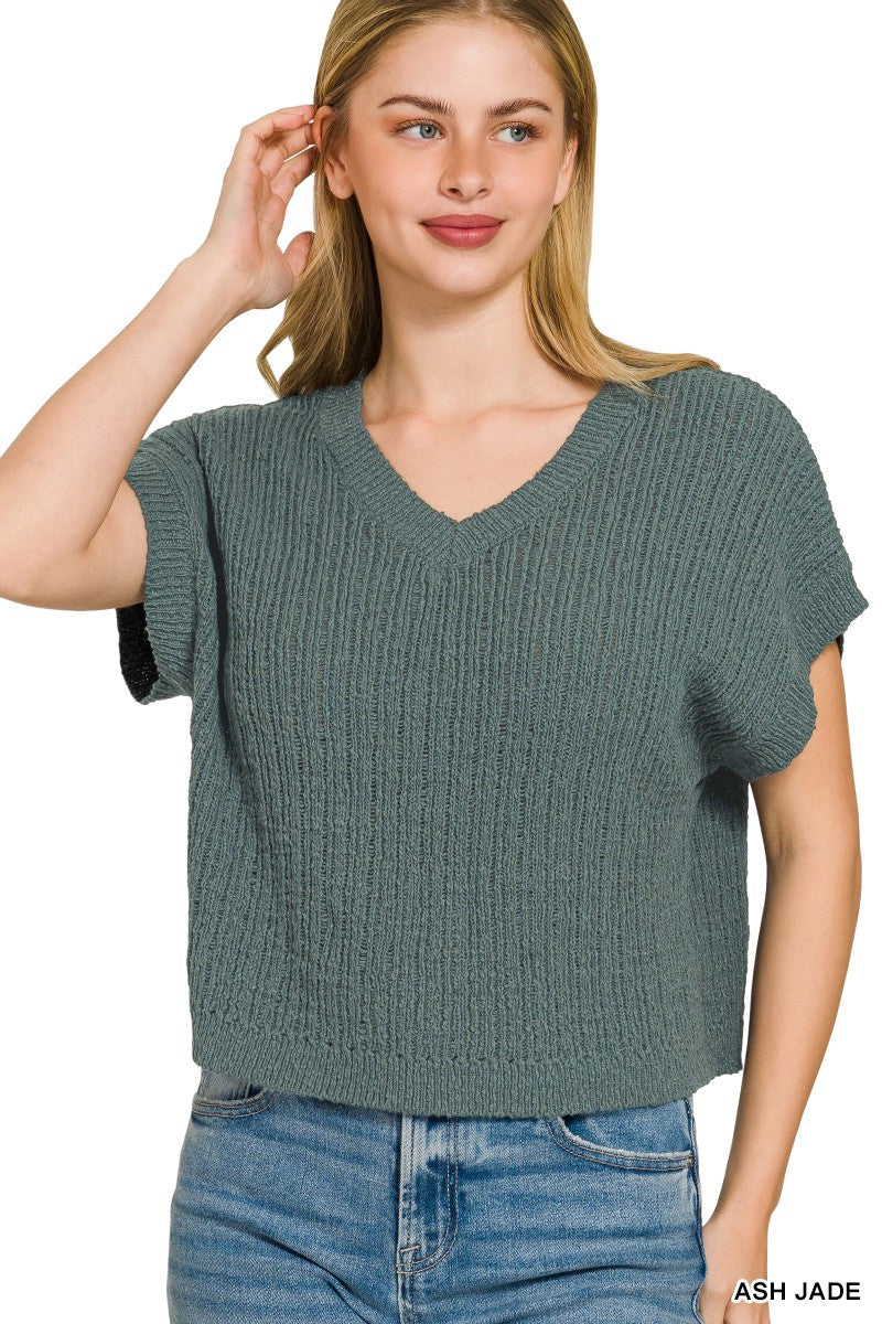 Zenana Textured Knit V-Neck Cropped Sweater 