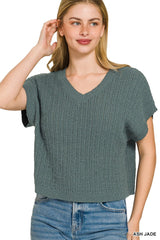Zenana Textured Knit V-Neck Cropped Sweater 