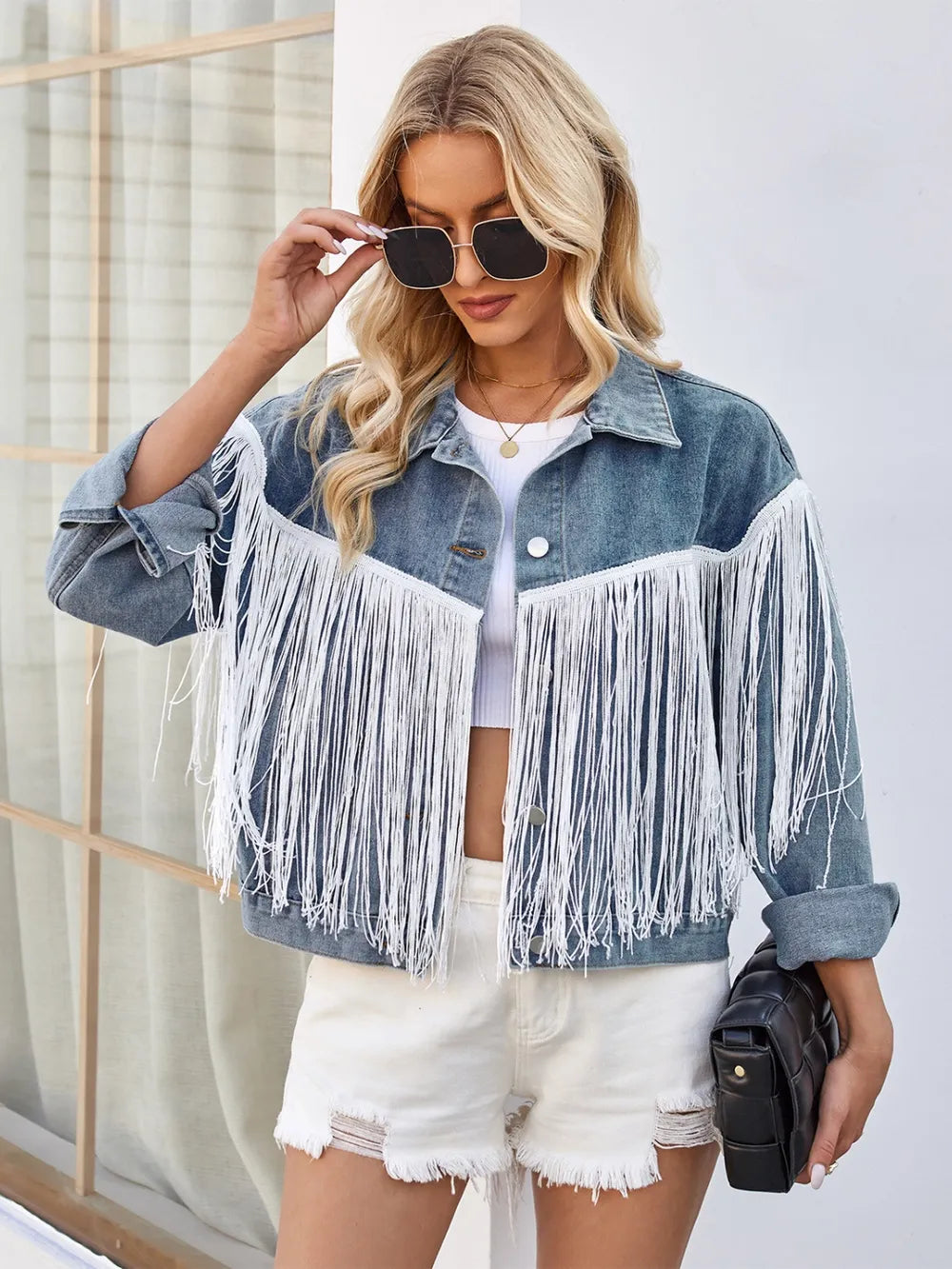 Tassel Button Up Dropped Shoulder Denim Jacket 