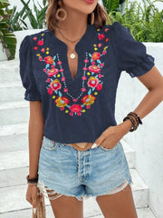Floral Embroidered Puff Sleeve Blouse 
