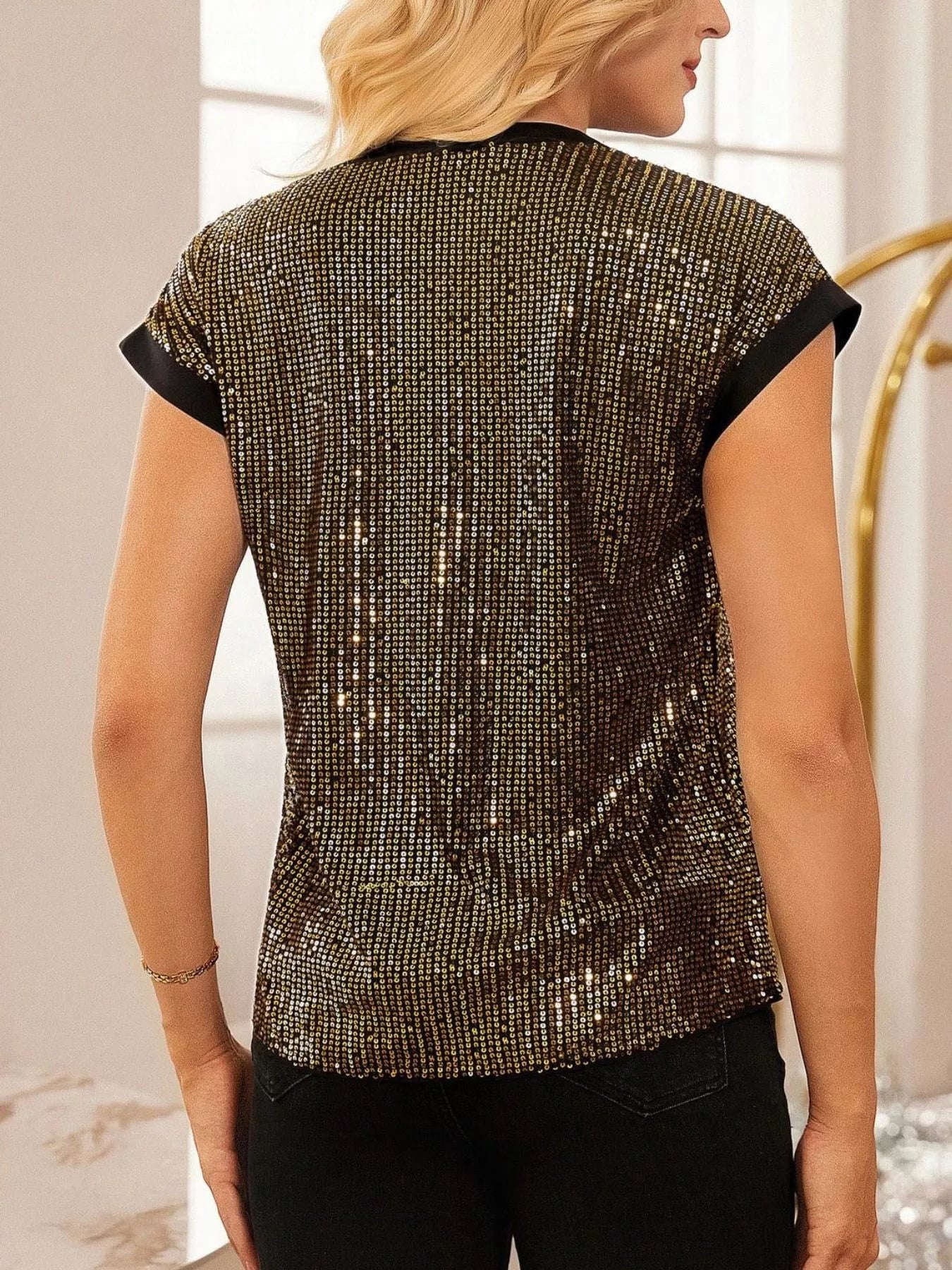 Sequin Notched Cap Sleeve Blouse 
