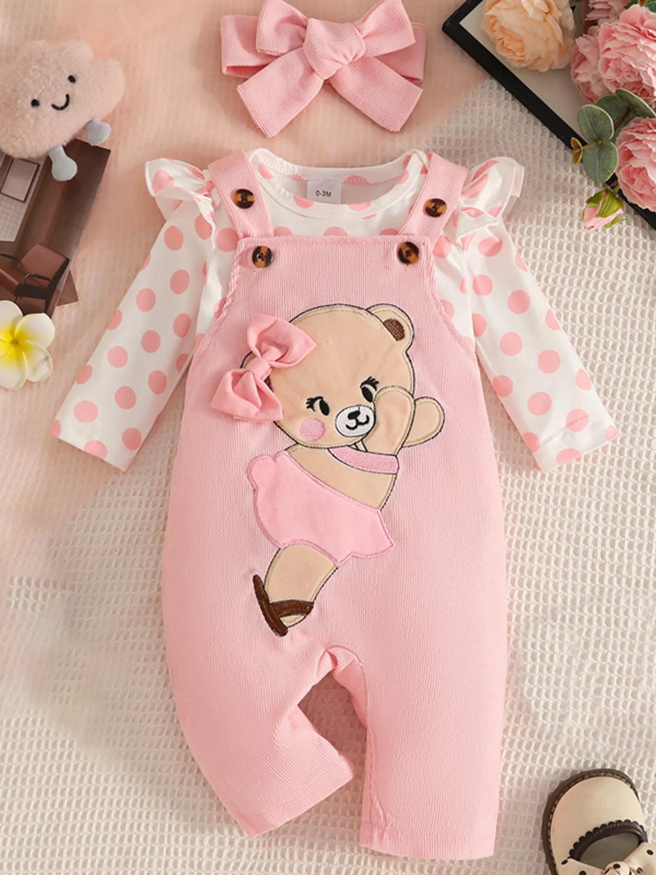 Children's Polka Dot Top and Overalls Set with Headband 