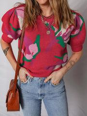 Floral Abstract Print Short Puff Sleeve Sweater 