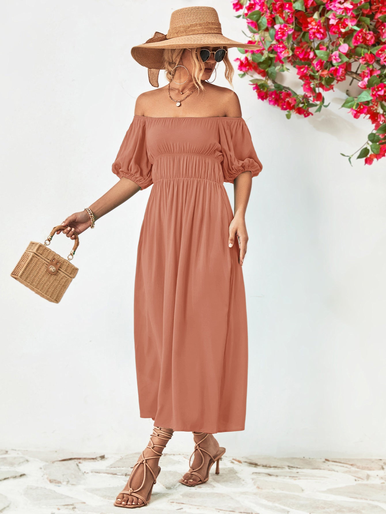 Off-Shoulder Balloon Sleeve Midi Dress 