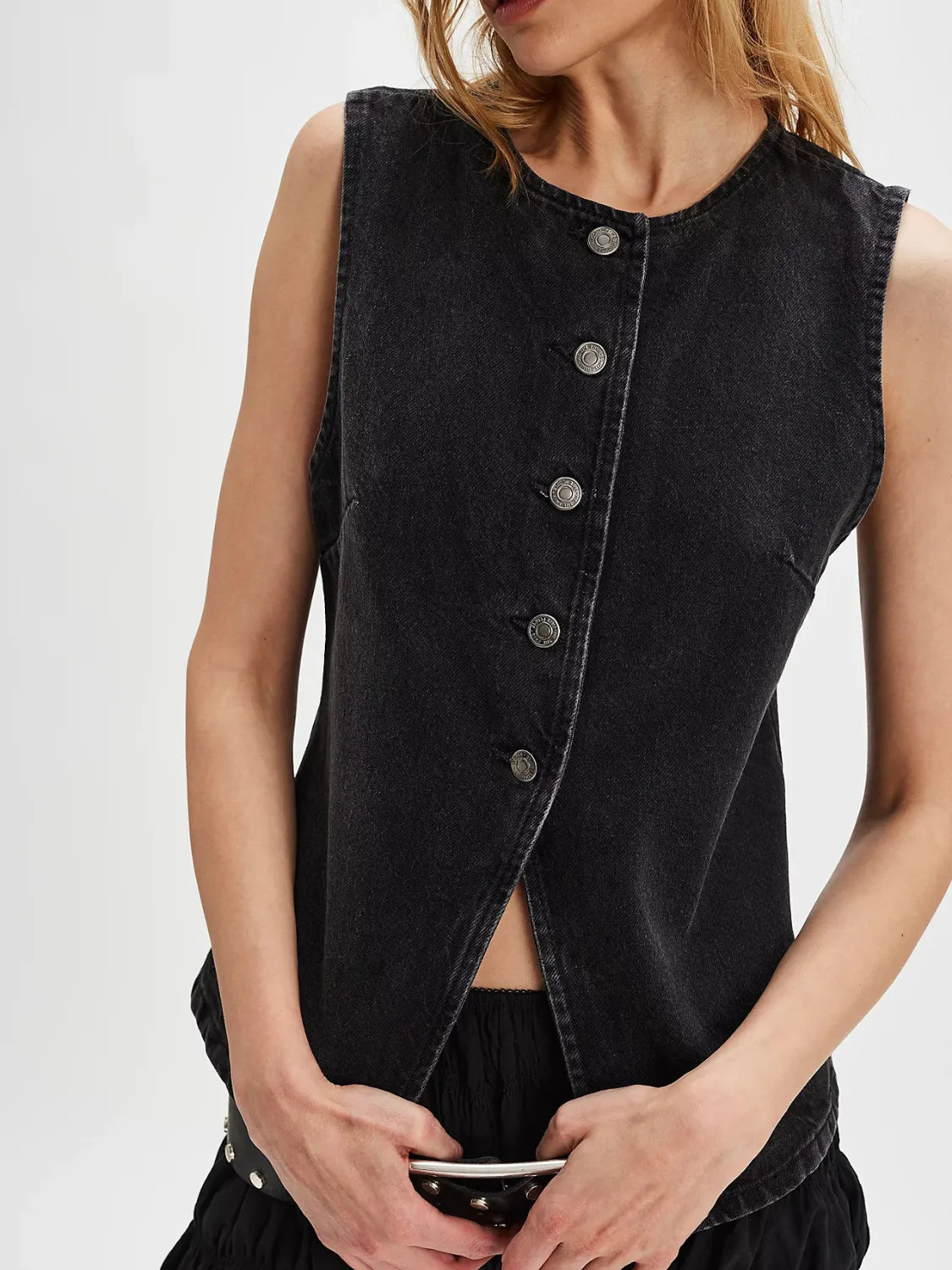Button Down Round Neck Denim Vest 
