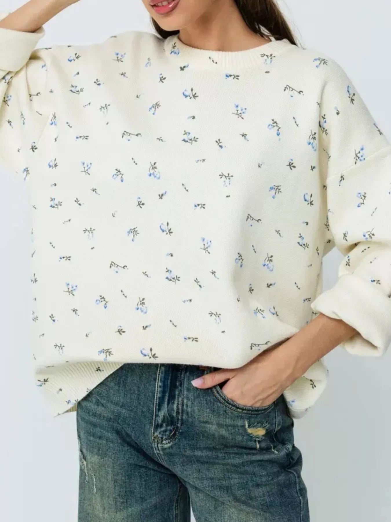 Ribbed Hem Floral Long Sleeve Sweater 