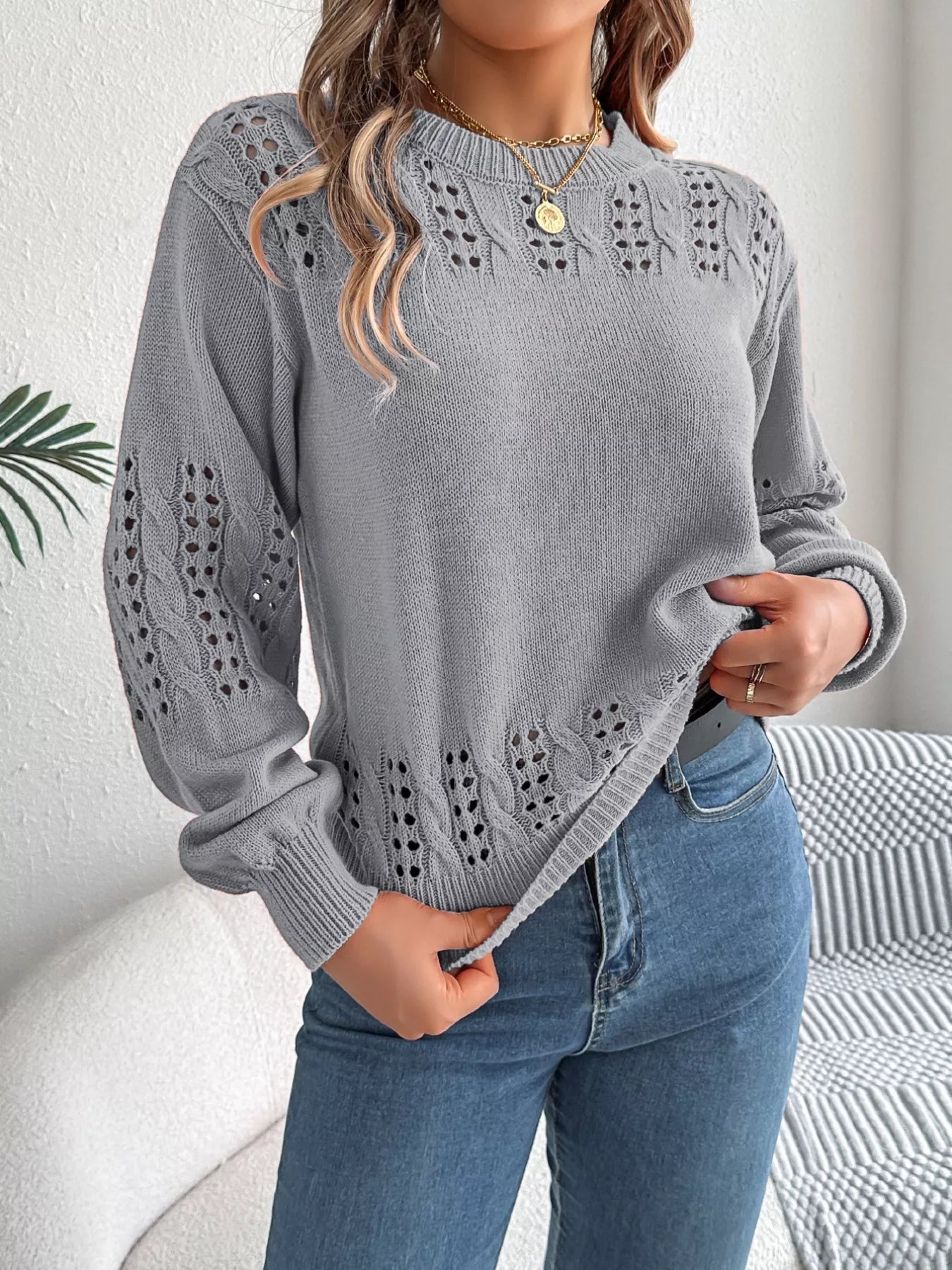 Hollow Out Eyelet Long Sleeve Sweater 