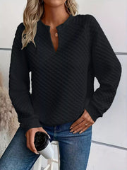Textured Notched Raglan Sleeve Sweatshirt 