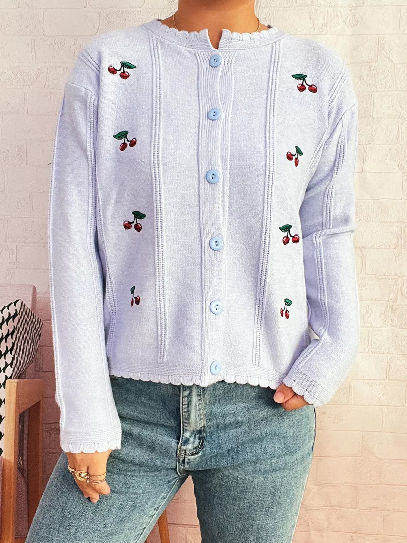 Cherry Embroidered Button Up Cardigan 