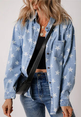 Raw Hem Star Collared Neck Denim Top 