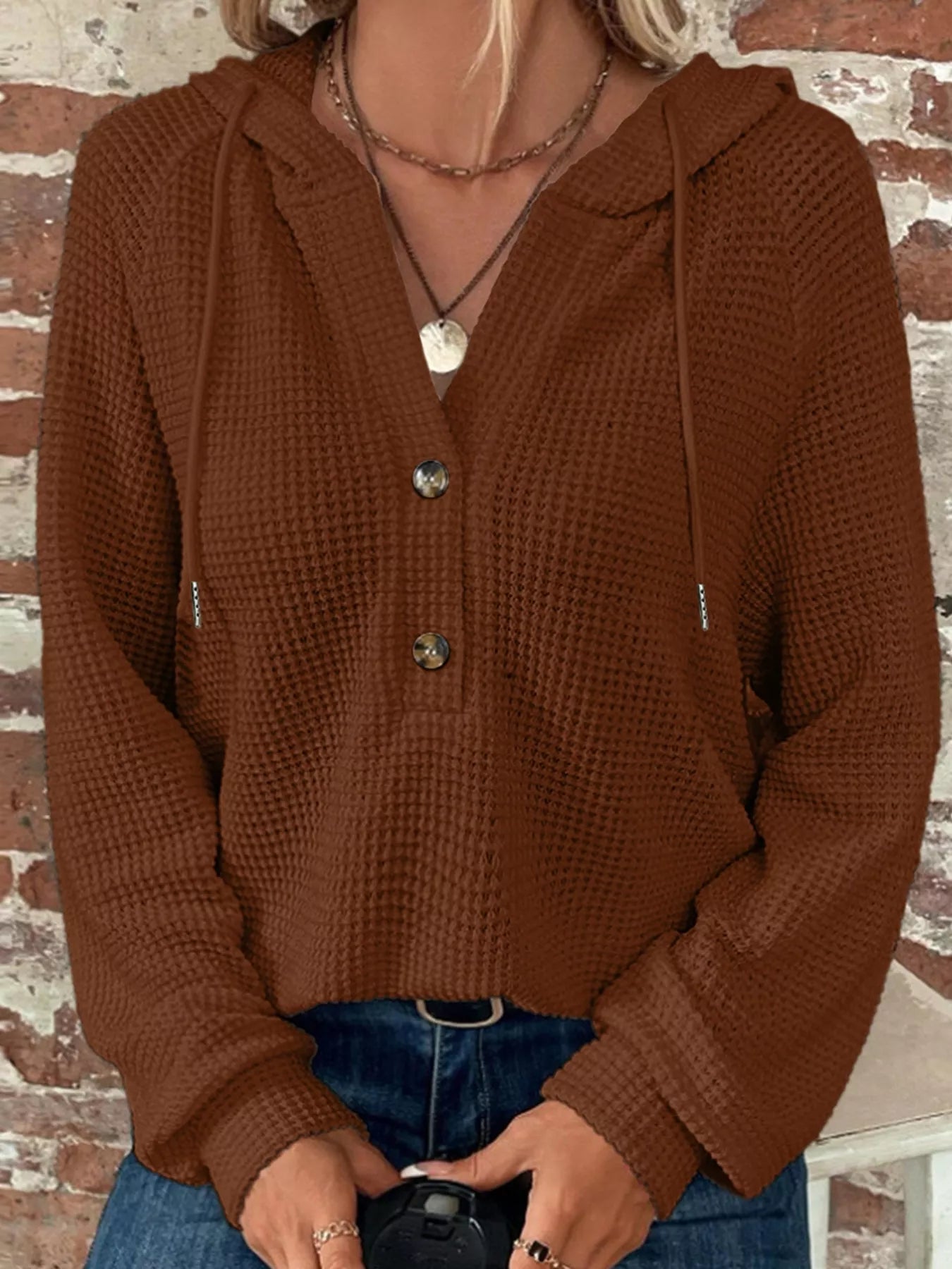 Casual Waffle Knit Button Detail Hoodie 