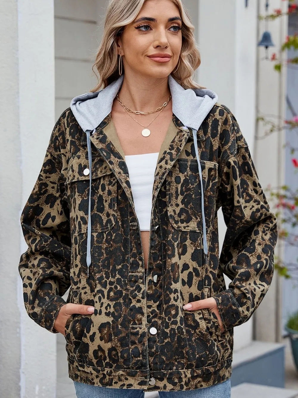 Pocketed Leopard Long Sleeve Denim Jacket 
