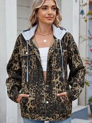Pocketed Leopard Long Sleeve Denim Jacket 